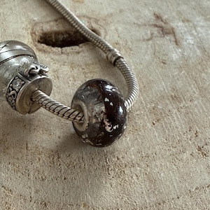 May include: A silver charm bracelet with two decorative beads. One bead is a silver charm with a detailed design, and the other is a dark brown and clear bead. The bracelet is on a wooden surface.