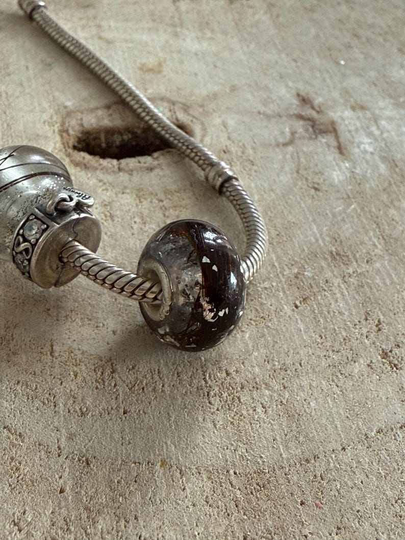 May include: A silver charm bracelet with two decorative beads. One bead is a silver charm with a detailed design, and the other is a dark brown and clear bead. The bracelet is on a wooden surface.