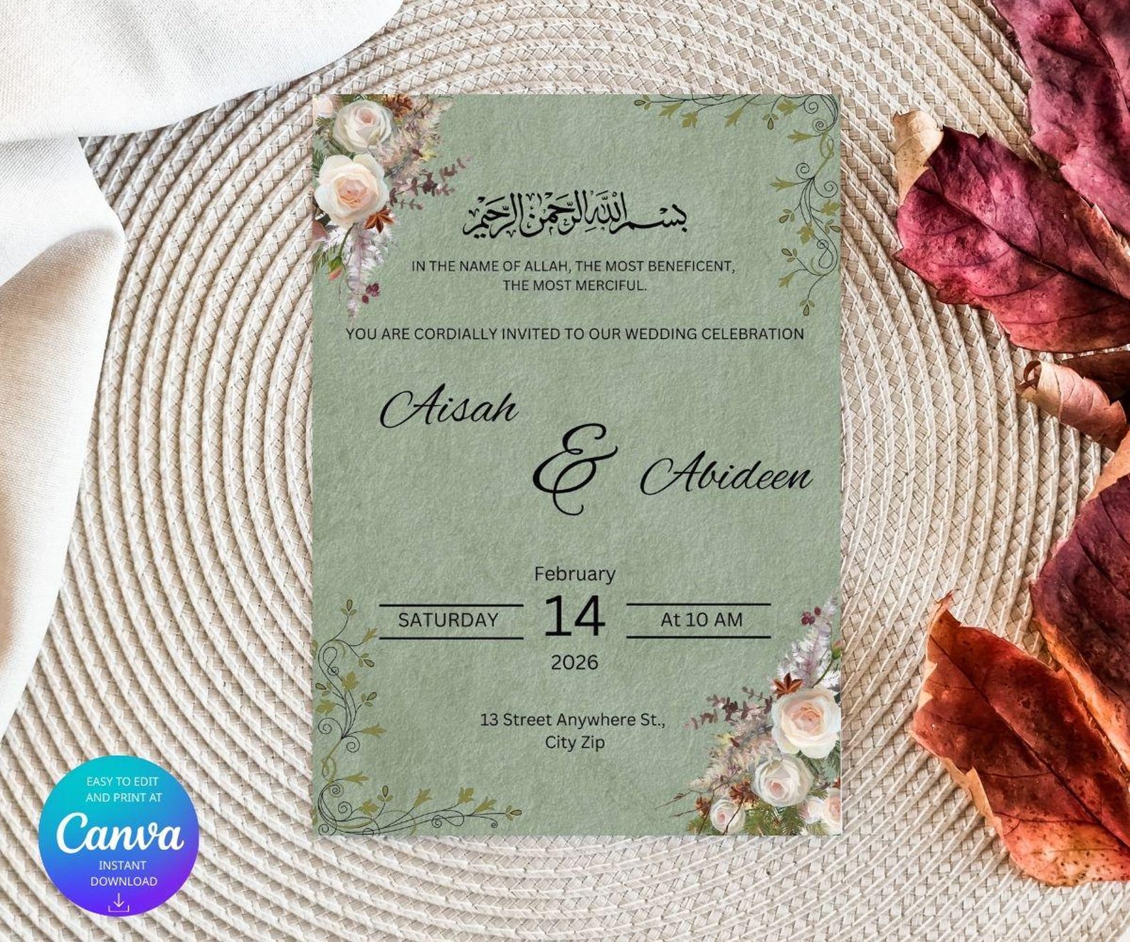 Elegant Floral Islamic Arabic Wedding Invitation Template | Invite Card ...