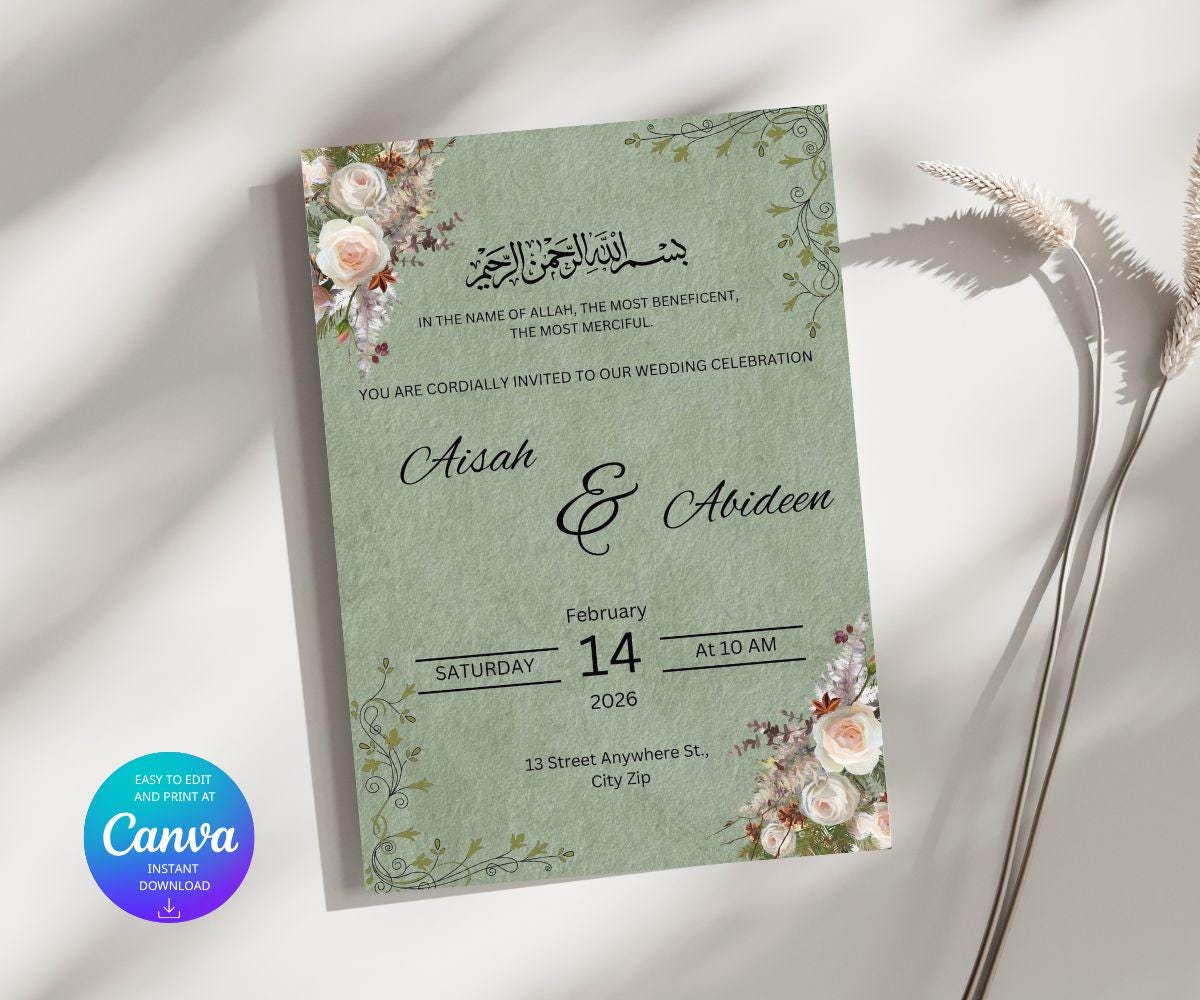 Elegant Floral Islamic Arabic Wedding Invitation Template | Invite Card ...