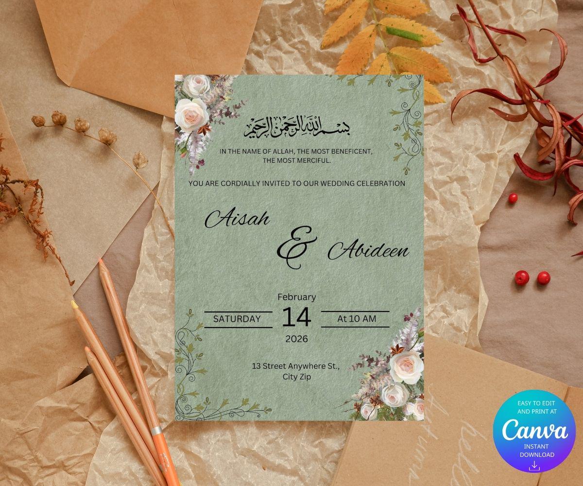 Elegant Floral Islamic Arabic Wedding Invitation Template | Invite Card ...