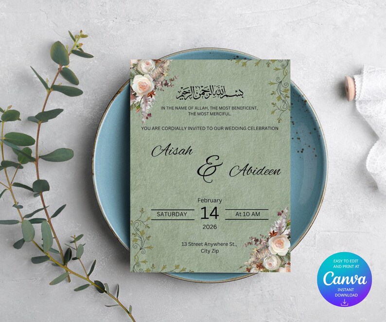 Elegant Floral Islamic Arabic Wedding Invitation Template | Invite Card ...