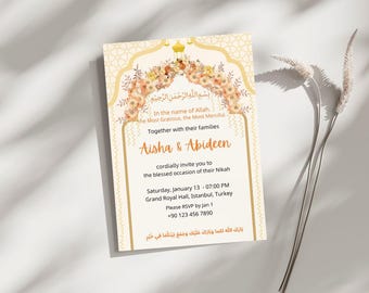 Elegante invitación de boda islámica / Invitación floral Nikah (Descarga digital de 5x7)