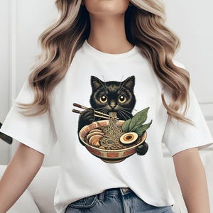 Noodle Cat Shirt, Ramen Cat T-Shirt, Cat Lover Shirts, Black Cat Noodle T-Shirts, Cat Lover Sweatshirts, Black Cat Cotton Tee, Retro Cat Tee