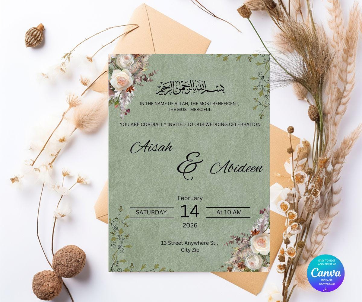 Elegant Floral Islamic Arabic Wedding Invitation Template | Invite Card ...