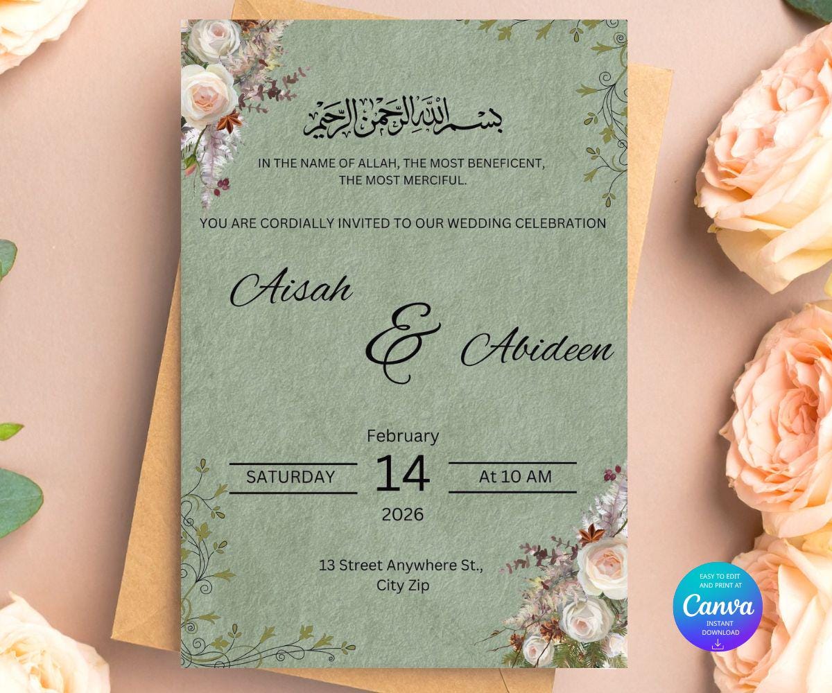 Elegant Floral Islamic Arabic Wedding Invitation Template | Invite Card ...