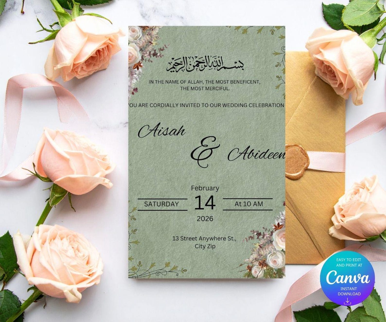 Elegant Floral Islamic Arabic Wedding Invitation Template | Invite Card ...