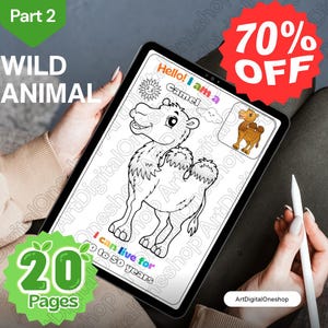 Op de afbeelding: Een digitale kleurplaat op een tablet met een cartoon kameel met de tekst "Hallo! Ik ben een kameel." De afbeelding bevat ook de tekst "Wild Animal", "20 pagina's" en "Ik kan 50 jaar leven". Een rode sticker "70% KORTING" staat in de hoek.