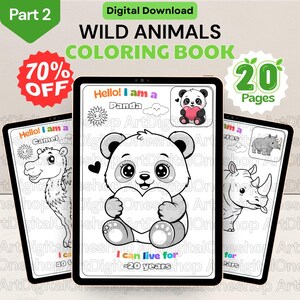 Op de afbeelding: Digitale download van een kleurboek voor wilde dieren. De omslag toont een panda met een hart, met de tekst "Hello! I am a Panda". Andere pagina's tonen een kameel en een neushoorn. Bevat 20 pagina's en is 70% korting.