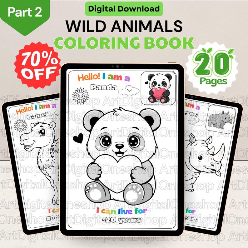 Op de afbeelding: Digitale download van een kleurboek voor wilde dieren. De omslag toont een panda met een hart, met de tekst "Hello! I am a Panda". Andere pagina's tonen een kameel en een neushoorn. Bevat 20 pagina's en is 70% korting.