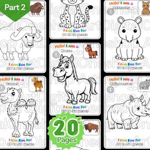 Op de afbeelding: Een verzameling kleurplaten met dieren, waaronder een cheetah, miereneter, paard, kameel en neushoorn. Elke pagina bevat de naam en levensduur van het dier. De set bevat 20 pagina's.