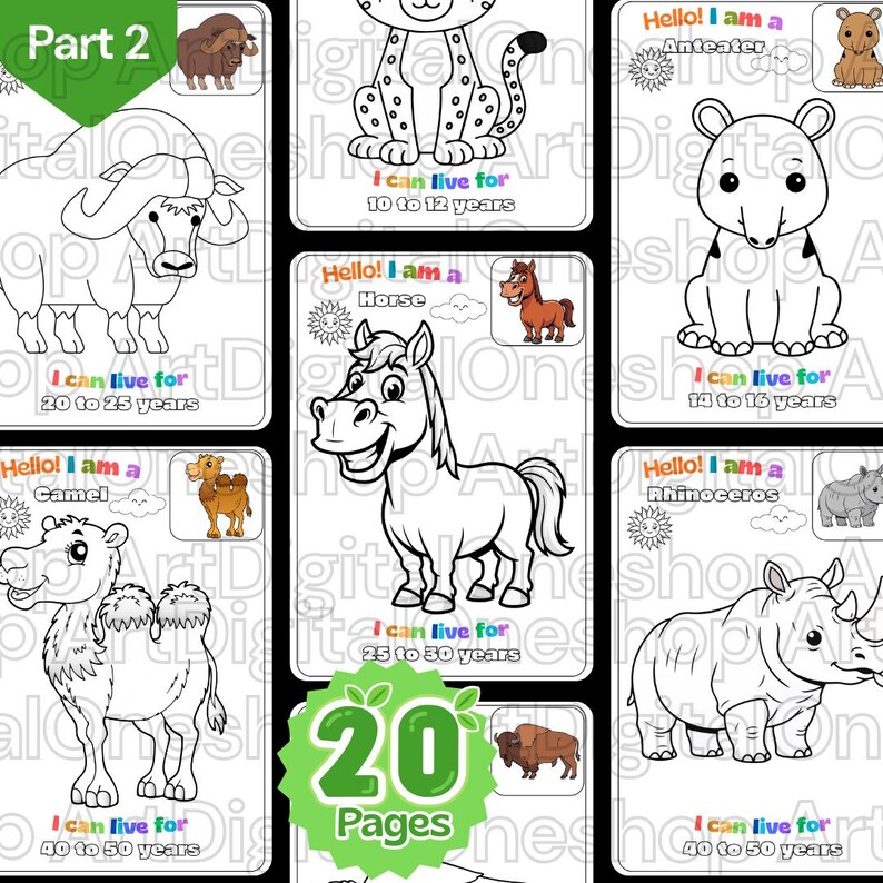 Op de afbeelding: Een verzameling kleurplaten met dieren, waaronder een cheetah, miereneter, paard, kameel en neushoorn. Elke pagina bevat de naam en levensduur van het dier. De set bevat 20 pagina's.