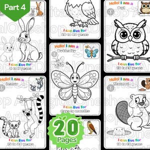 Może przedstawiać: Zestaw czarno-białych kolorowanek ze zwierzętami, w tym królikiem, sową, motylem, lemurem i świstakiem. Każda strona zawiera tekst "Hello! I am a" i "I can live for" z długością życia zwierzęcia. Obraz zawiera również tekst "Part 4" i "20 Pages".