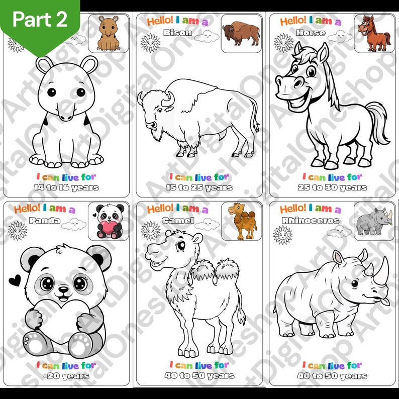 Op de afbeelding: Zes kleurkaarten met dieren, elk met een andere illustratie: een beer, bizon, paard, panda, kameel en neushoorn. Elke kaart heeft de tekst "Hello! I am a" en de naam van het dier, plus een leeftijdsbereik.