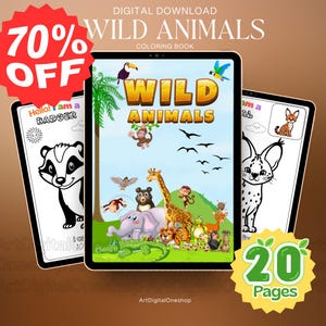 Puede incluir: Descarga digital de un libro para colorear "Animales Salvajes" con 20 páginas. La portada presenta animales de dibujos animados como una jirafa, un elefante y un mono. Una estrella roja indica un 70% de descuento. Páginas adicionales muestran un tejón y un lince.