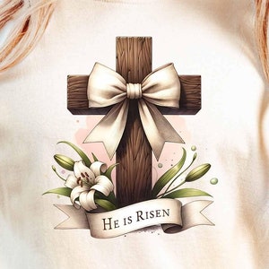 Christian Easter Coquette Png, He is Risen PNG, Watercolor Floral Easter Cross Png, Matthew 28:6, Jesus Bible Verse Png, Pink Easter Bunny