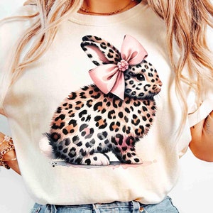 Cute Easter bunny png, coquette easter, leopard print easter bunny png, shirt design, easter bunnie png, Happy Easter, preppy bunny, groovie