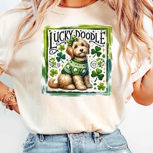 Goldendoodle St. Patrick's Clipart, St. Patrick's Day Dog PNG, Coquette Bow Doodle png, Lucky Goldendoodle Sublimation Design, Irish Theme