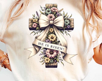 Christian Easter Coquette Png, He is Risen PNG, Watercolor Floral Easter Cross Png, Matthew 28:6, Jesus Bible Verse Png, Pink Easter Bunny