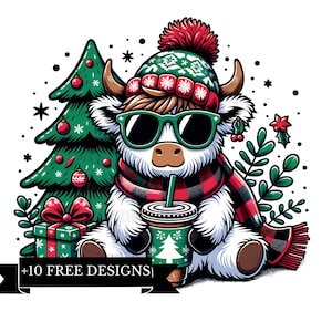 Christmas Highland Cow PNG, Vintage Red Christmas Tree Truck Clipart, Highland Cow Sublimation Design, Heifer Cow Christmas, Tree Farm PNG