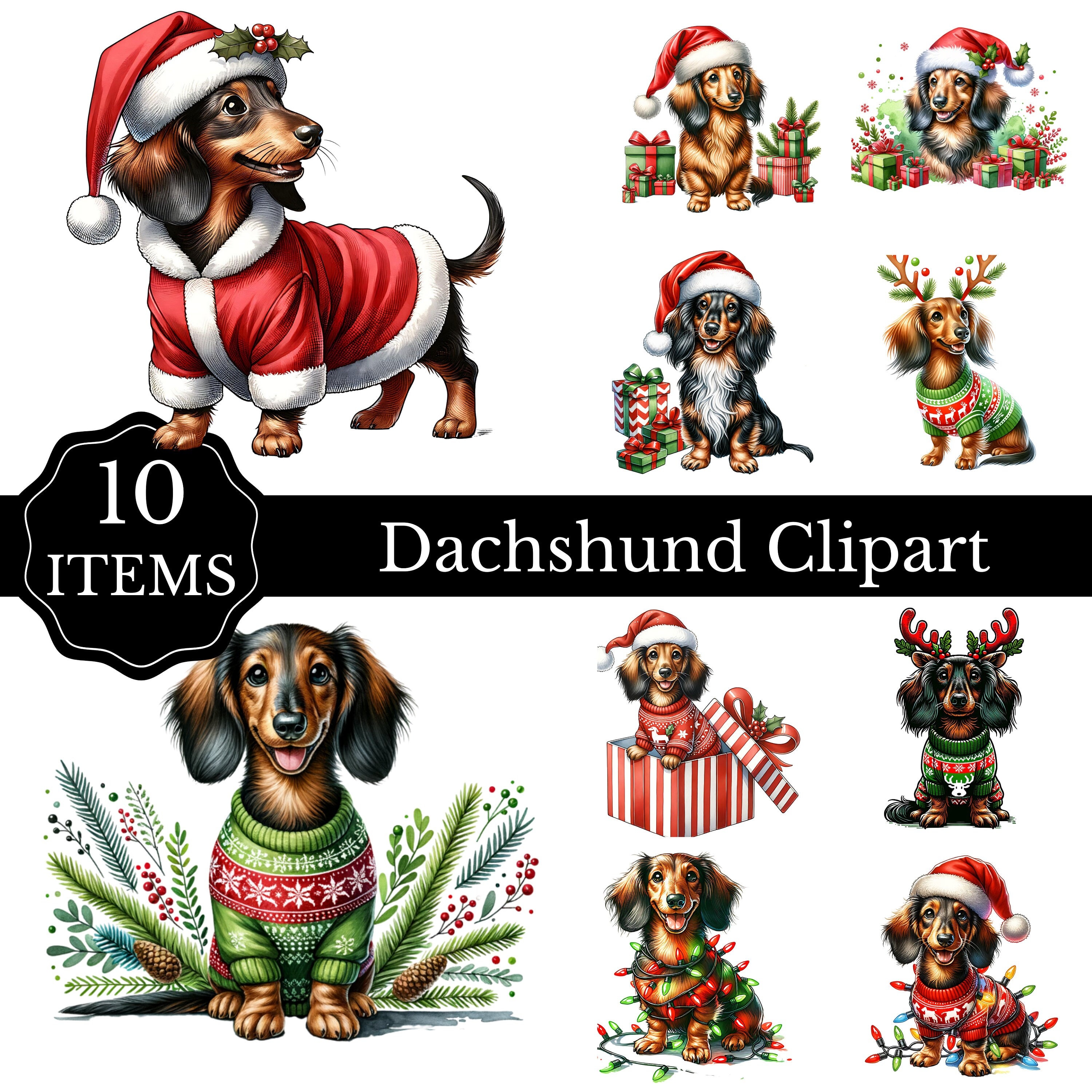 Christmas Dachshund Clipart Bundle, Weenie Dog PNG Graphics, Set of 10 ...