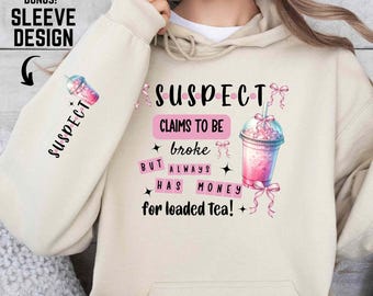 Suspect Claims to be broke but always has money for loaded tea Png, Snarky Suspect Png, Trending, Iced coffee png, mom png, Everyday Designs