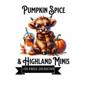 Pumpkin Spice Highland Cow PNG, Highland Mini Iced Coffee PNG graphic, Transparent background, Instant download, Highland Cow clipart