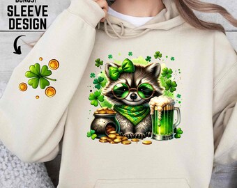 St Patrick's Day Raccoon PNG, Funny Raccoon, Green Beer png, Sublimation Design Digital Sleeve design, cute funny raccoon, coquette bow png