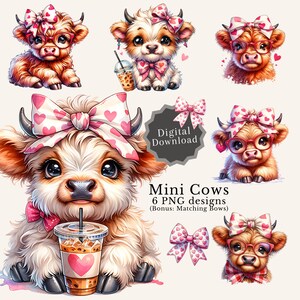 Watercolor Valentines Highland Cows Clipart, Coquette Bow Valentine, Trendy shirt designs, 6 PNG Valentines Day Clipart, Valentine Cow