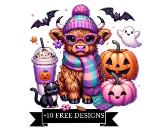 Fall Highland Cow Png, Retro Halloween Png, Ghost Cows Png, Funny Cow Png, Spooky Season, Cow Halloween Png, Cow Halloween clipart