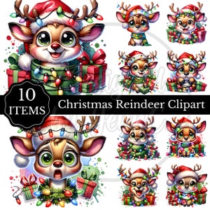 Christmas Reindeer clipart bundle, Reindeer PNG graphics, Set of 10, Christmas Lights PNG, funny Christmas png, sublimination art, retro