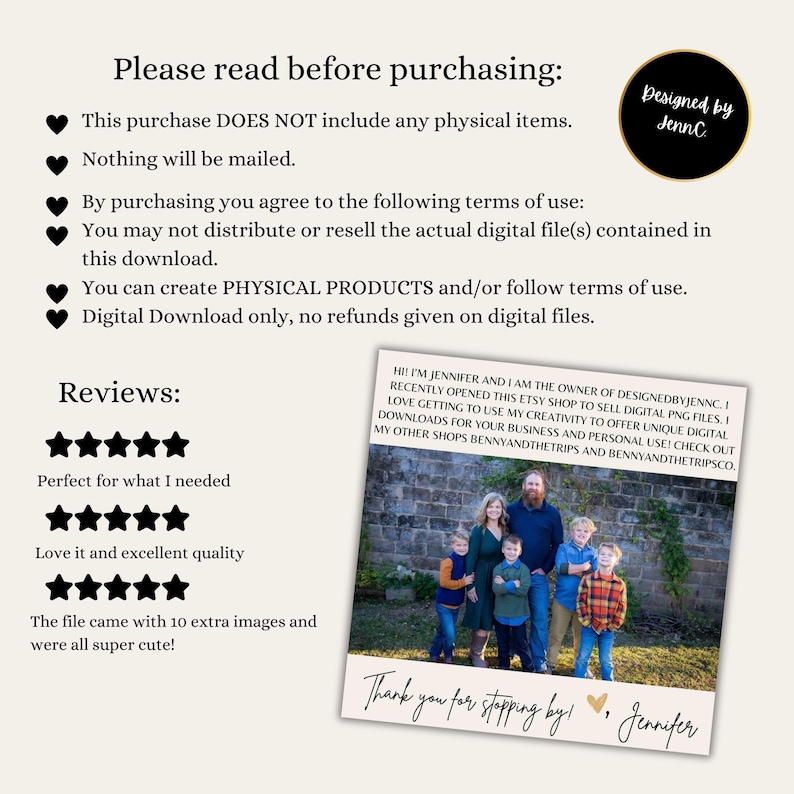 May include: A digital download listing for a family photo with the text "Thank you for stopping by!" and a signature. The listing includes a disclaimer about the purchase being a digital download only and not including any physical items. The listing also includes customer reviews.