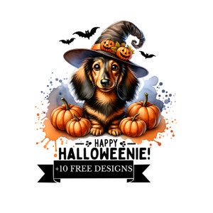 Happy Halloweenie Dachshund Png, Dog Mom Gift, Dachshund Lover, Gift, Wiener Png, Sausage Dog, clipart Doxie, Halloween Weenie Dog clipart