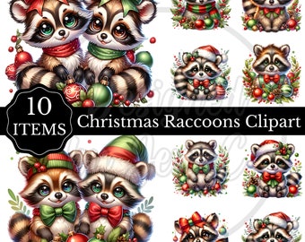 Christmas Racoon clipart bundle, Racoon PNG graphics, Set of 10, Transparent background, Commercial use, Instant download