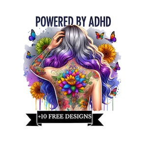 Powered by ADHD Awareness png, Neurodivergent PNG, Sublimation Design Digital Download, ADHD clipart, Tattooed woman clipart, gray hair png