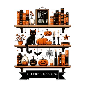 Może przedstawiać: Czarny kot siedzi na półce z napisem "Happy Halloween!" Półka jest ozdobiona dyniami, książkami i świecami. Wiszą na niej również pajęczyny i nietoperze.