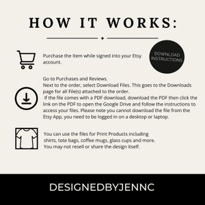 May include: A graphic with instructions on how to download digital files purchased on Etsy. The graphic includes a shopping cart, a download icon, a t-shirt icon, and the text "HOW IT WORKS: DOWNLOAD INSTRUCTIONS".