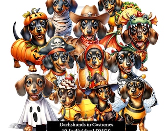 Halloween Dachshund Png Bundle, Dachshunds in Halloween Costumes PNG, Dog Mom Gift, Dog Lover, Sausage, Doxie, Halloween Weenie Dog clipart