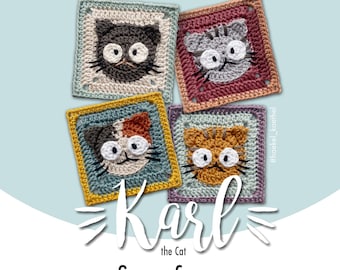 May include: Four crocheted granny squares featuring different colored cats with unique facial expressions. The squares are arranged in a diamond shape with the text "Karl the Cat Granny Square" below.