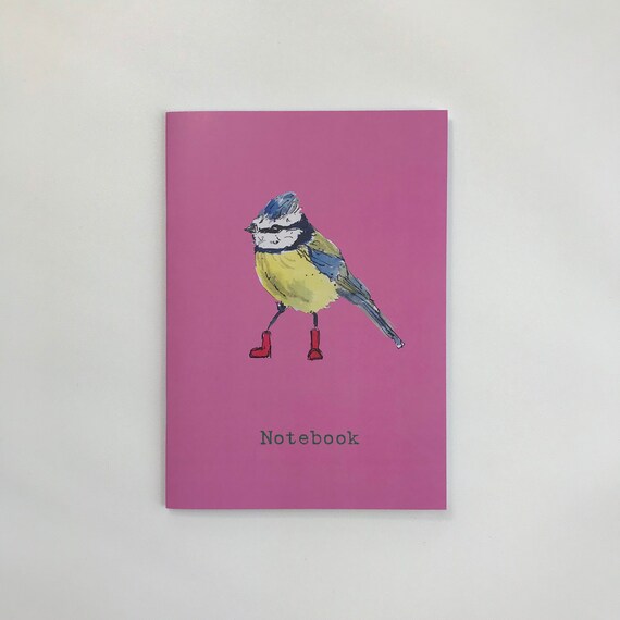 Arty Notebook Blue Tit in Wellies Pink - A5 Notebook design from an original watercolour - plain