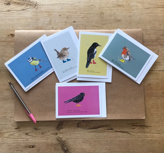 Garden birds in wellies note cards - pack of 5 blank cards for your messages