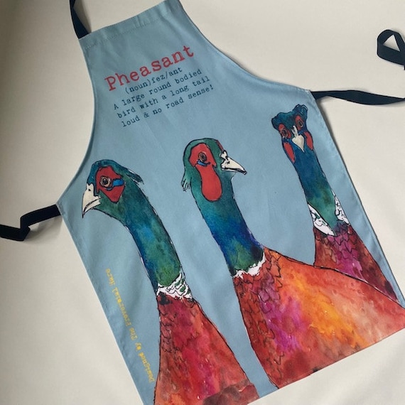 Three Pheasants Blue Cotton Apron