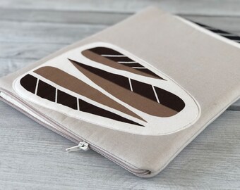 Abstract Feather Applique Zipper Pouch - Beige Canvas Cosmetic Bag, Handmade