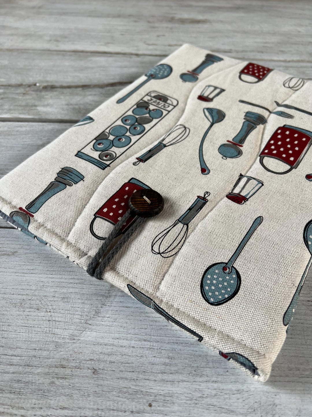 Cookbook Cover, Kitchen Utensil Print, Recipe Book Protector, Button ...