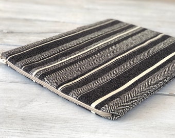 Herringbone Stripe Zipper Pouch - Black & White Woven Clutch, Minimalist Makeup Bag