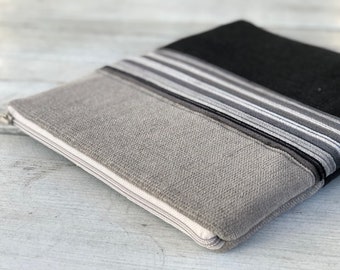 Striped Linen Zipper Pouch - Gray & Black Makeup Bag, Travel Accessory