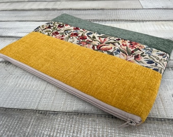 Floral Tapestry Zipper Pouch - Mustard Yellow, Olive Green Makeup Bag, Travel Accessory