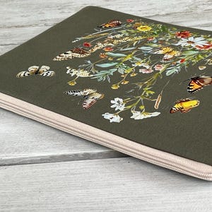 May include: An olive green zippered case featuring a floral and butterfly design. The artwork includes colorful flowers and several butterflies in shades of orange, yellow, and white. The zipper is a light beige color.