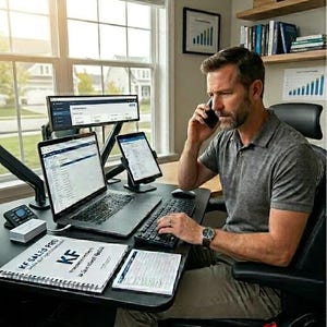 May include: A workspace featuring a laptop, a tablet on a stand, and a monitor displaying data. A spiral-bound notebook labeled KF SALES PRO sits on the desk alongside a keyboard and a stack of cards. A person is seated, talking on a smartphone.