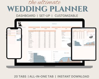 May include: A laptop computer and a tablet computer displaying a wedding planner spreadsheet with 20 tabs, an all-in-one tab, and an instant download option. The spreadsheet includes a dashboard, set-up, and customizable features. The text "EXCEL & GOOGLE SHEETS the ultimate WEDDING PLANNER DASHBOARD | SET-UP | CUSTOMIZABLE 20 TABS | ALL-IN-ONE TAB | INSTANT DOWNLOAD" is displayed on the image.